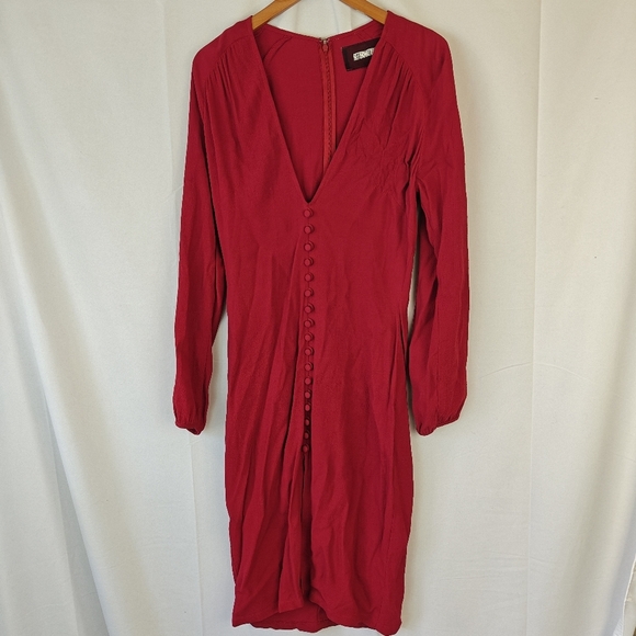 Reformation Mini Dress Slit Button Up Long Sleeve Deep V In Red Size 4 Women's - Picture 2 of 13